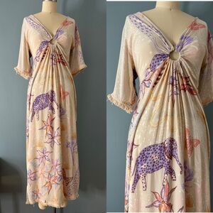 Z&L Safari Animals Bohemian Dress Elegant Beige Dress with Purple Floral Design